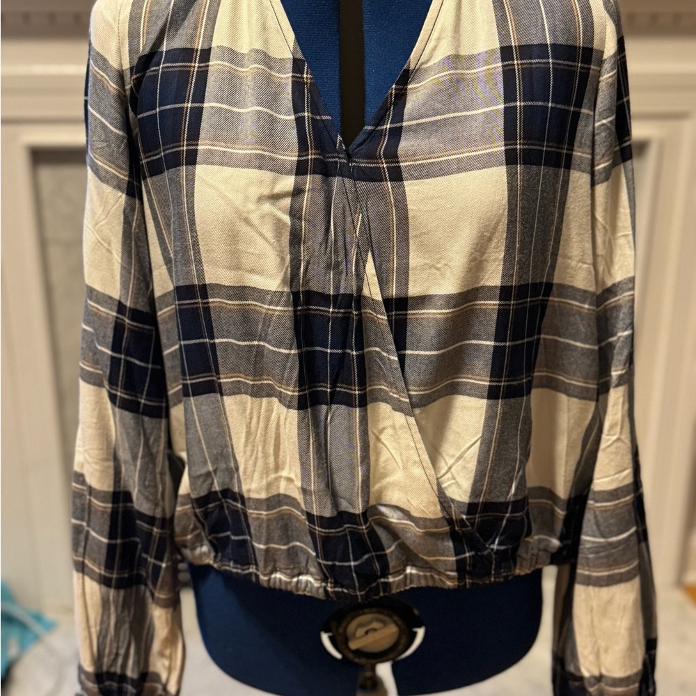 Sanctuary Navy and Cream Plaid Wrap Long Sleeve Blouse XL